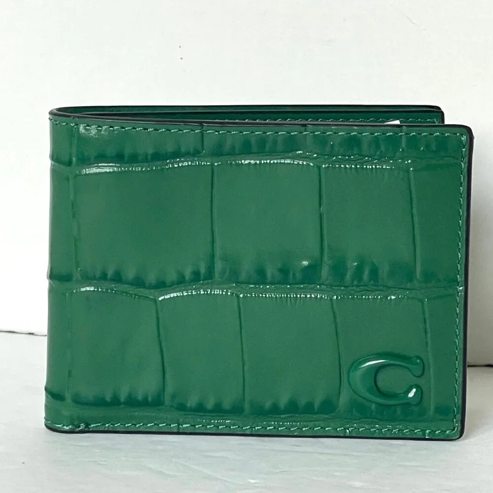 Coach Mens Slim Billfold Wallet Green Croc Embossed Leather